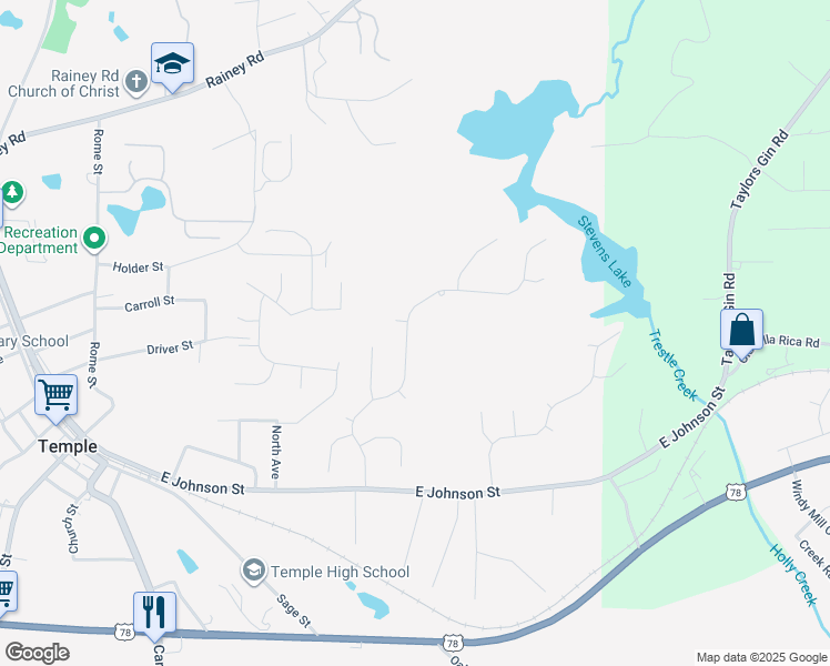map of restaurants, bars, coffee shops, grocery stores, and more near 187 Ivey Lake Parkway in Temple