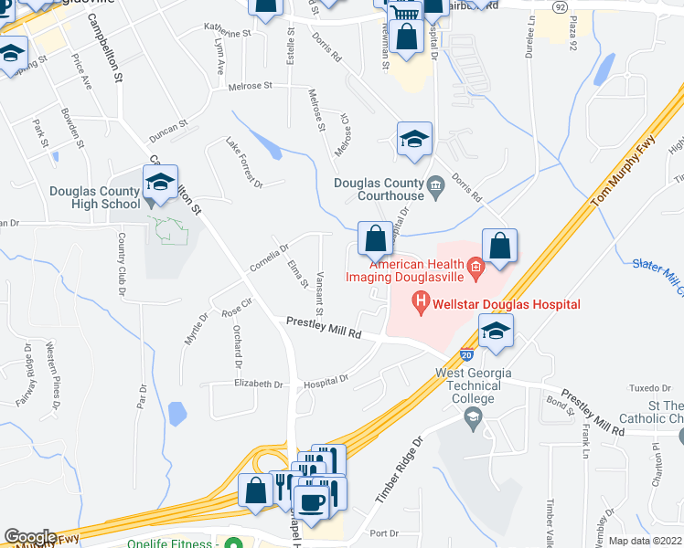 map of restaurants, bars, coffee shops, grocery stores, and more near 6210 Douglas Manor Court in Douglasville