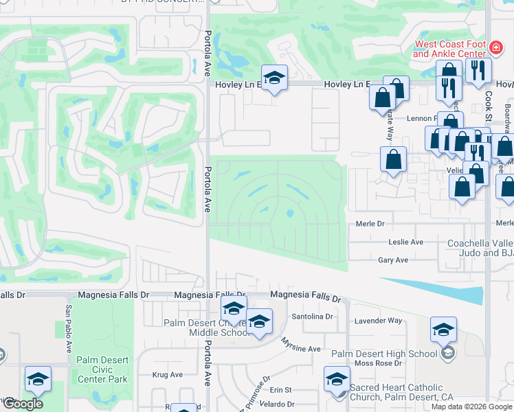 map of restaurants, bars, coffee shops, grocery stores, and more near 74176 Mercury Circle West in Palm Desert