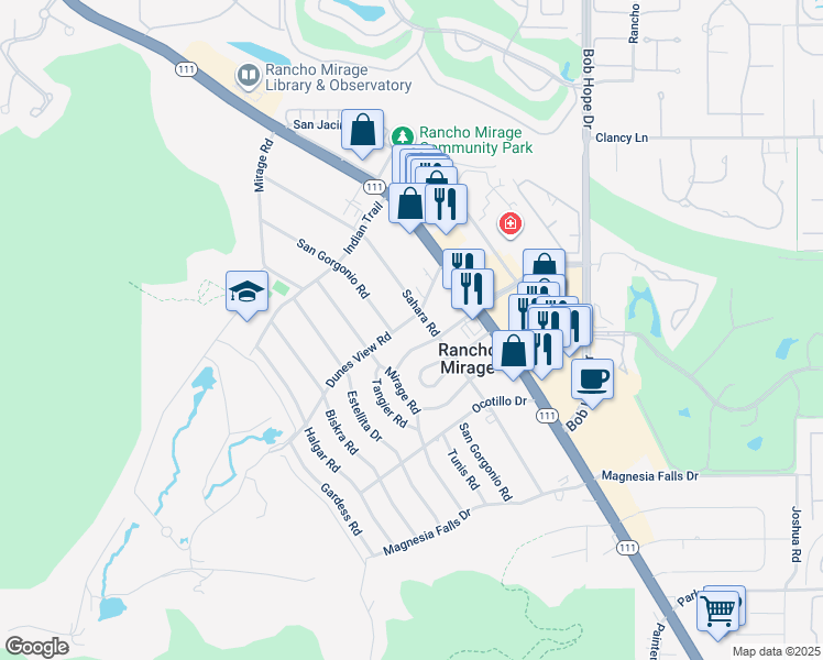 map of restaurants, bars, coffee shops, grocery stores, and more near 42278 Dunes View Road in Rancho Mirage