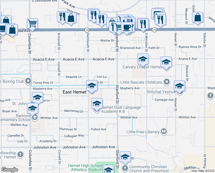 map of restaurants, bars, coffee shops, grocery stores, and more near 41671 Erin Drive in Hemet
