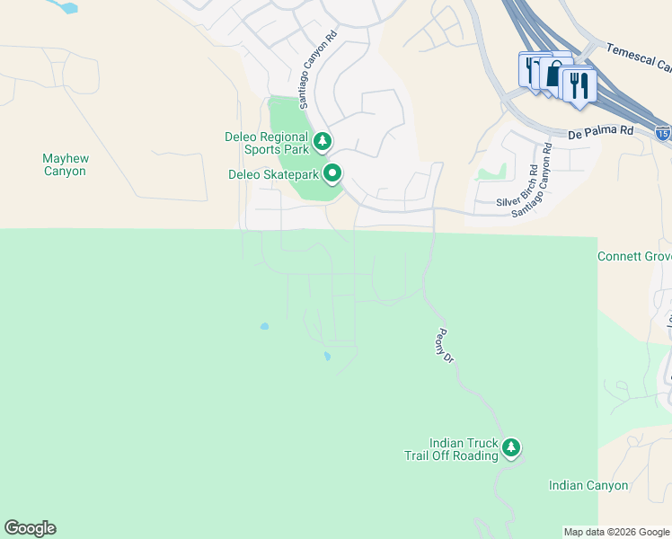 map of restaurants, bars, coffee shops, grocery stores, and more near 11286 Guffey Ranch Way in Corona