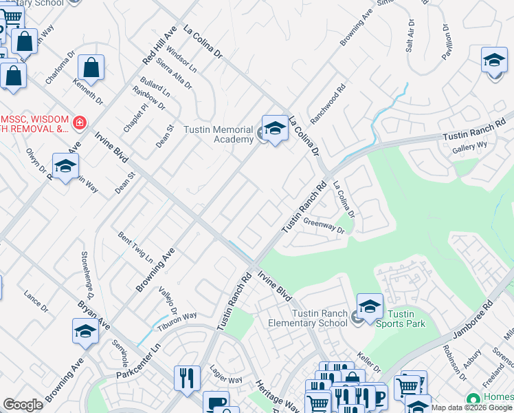 map of restaurants, bars, coffee shops, grocery stores, and more near 12795 Crawford Drive in Tustin