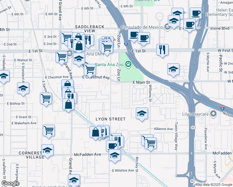 map of restaurants, bars, coffee shops, grocery stores, and more near 521 South Lyon Street in Santa Ana