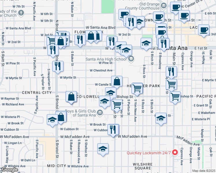 map of restaurants, bars, coffee shops, grocery stores, and more near 927 West Camile Street in Santa Ana