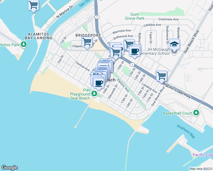 map of restaurants, bars, coffee shops, grocery stores, and more near 147 10th Street in Seal Beach