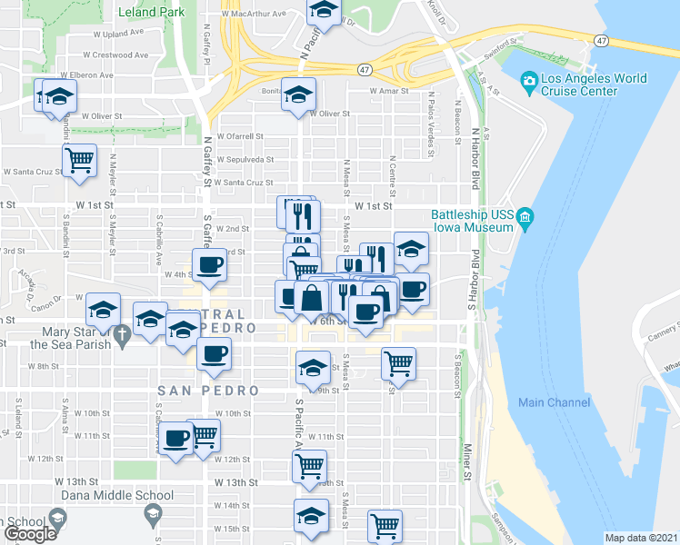 map of restaurants, bars, coffee shops, grocery stores, and more near 340 South Mesa Street in Los Angeles