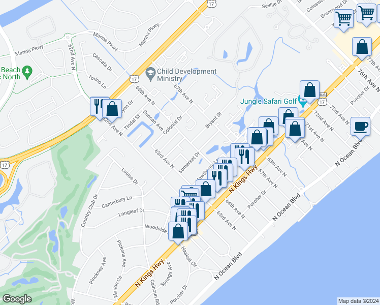 map of restaurants, bars, coffee shops, grocery stores, and more near 701 65th Avenue North in Myrtle Beach