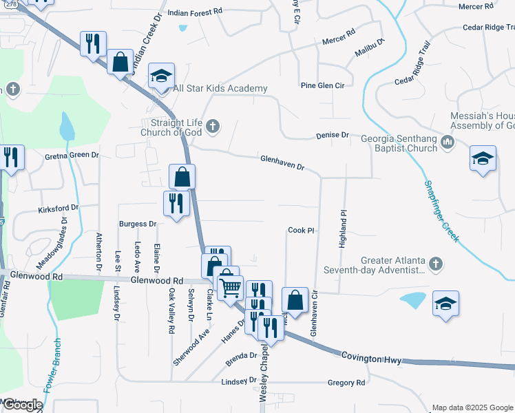 map of restaurants, bars, coffee shops, grocery stores, and more near 4281 Welbron Drive in Decatur