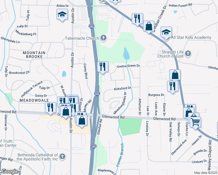 map of restaurants, bars, coffee shops, grocery stores, and more near 3936 Kirksford Drive in Decatur