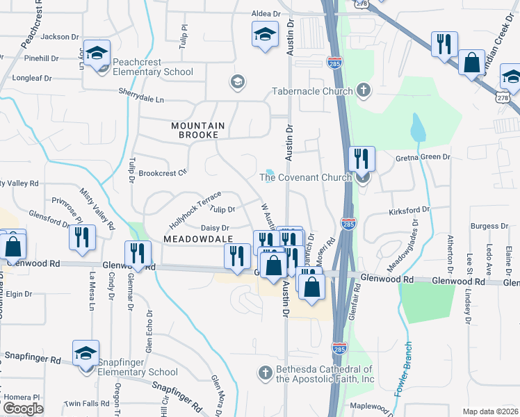 map of restaurants, bars, coffee shops, grocery stores, and more near 1777 West Austin Road in Decatur