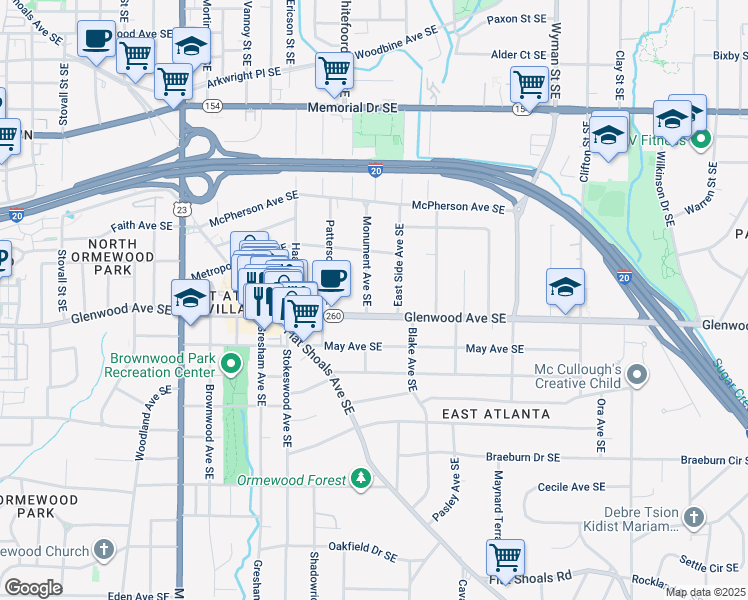 map of restaurants, bars, coffee shops, grocery stores, and more near 487 East Side Avenue Southeast in Atlanta