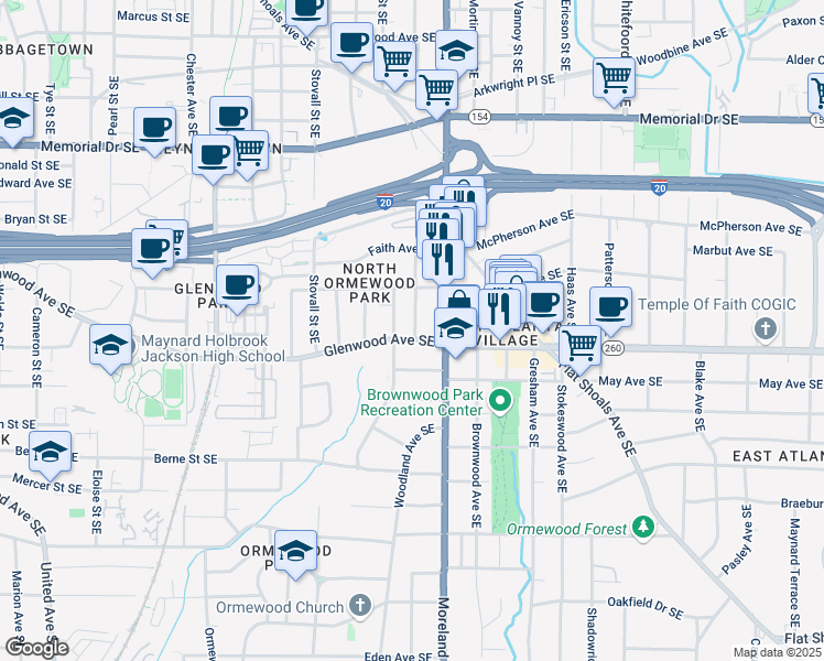 map of restaurants, bars, coffee shops, grocery stores, and more near 1118 Glenwood Avenue Southeast in Atlanta