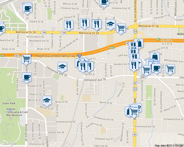 map of restaurants, bars, coffee shops, grocery stores, and more near 480 Bartram Street Southeast in Atlanta