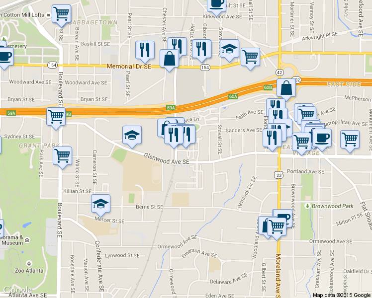 map of restaurants, bars, coffee shops, grocery stores, and more near 480 Bartram Street Southeast in Atlanta