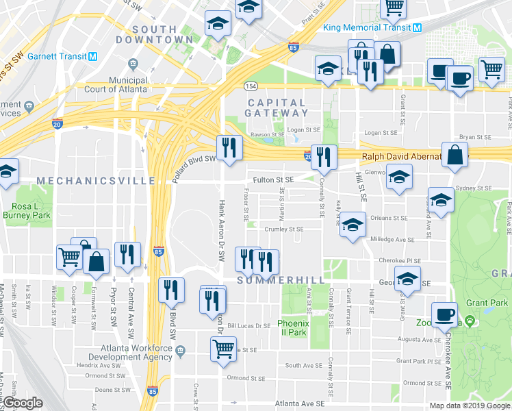 map of restaurants, bars, coffee shops, grocery stores, and more near 489 Reed Street Southeast in Atlanta