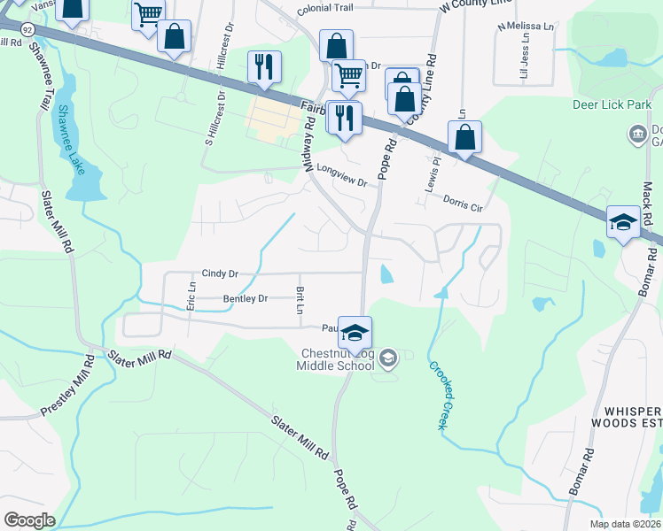 map of restaurants, bars, coffee shops, grocery stores, and more near 3750 Cindy Drive in Douglasville