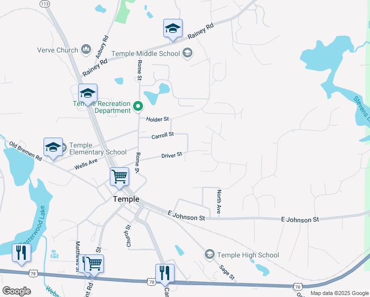 map of restaurants, bars, coffee shops, grocery stores, and more near 130 Driver Street in Temple