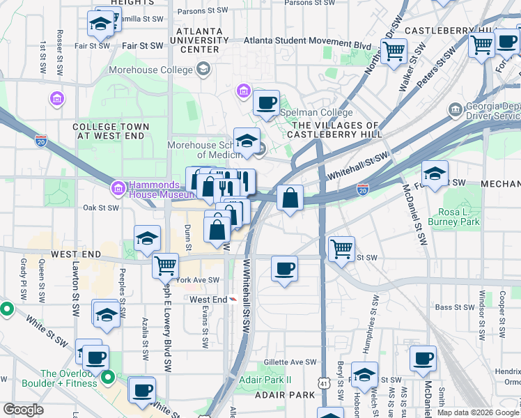 map of restaurants, bars, coffee shops, grocery stores, and more near 505 West Whitehall Street Southwest in Atlanta
