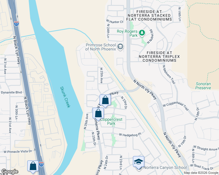 map of restaurants, bars, coffee shops, grocery stores, and more near 2430 West Via Dona Road in Phoenix