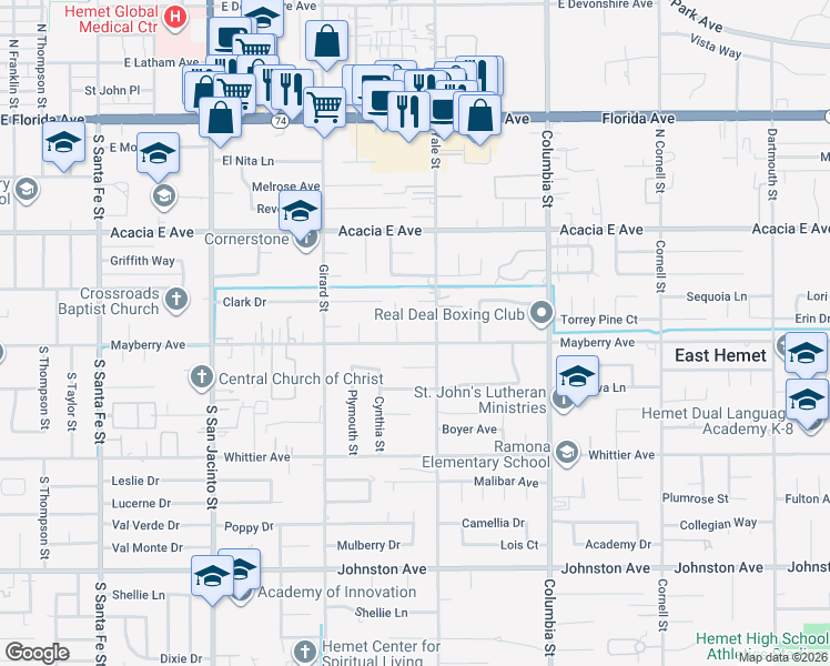 map of restaurants, bars, coffee shops, grocery stores, and more near 26213 Yale Street in Hemet