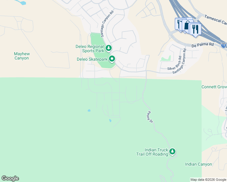 map of restaurants, bars, coffee shops, grocery stores, and more near 11286 Guffey Ranch Way in Corona