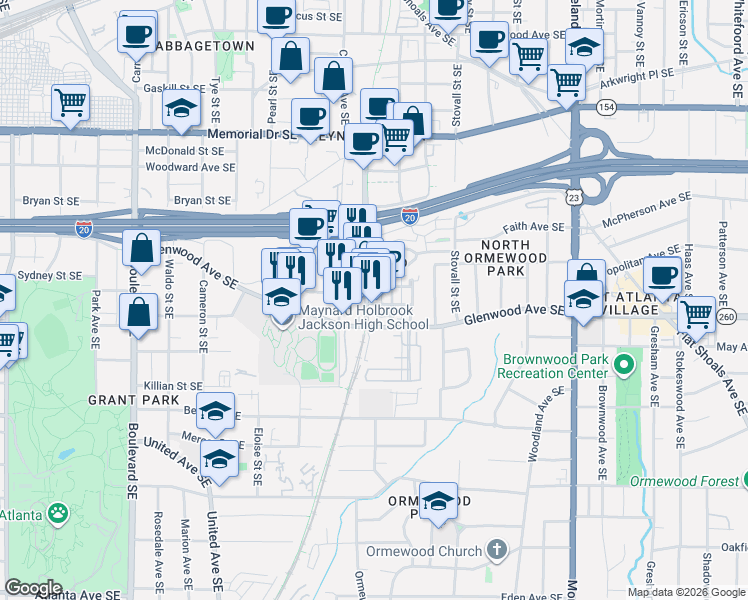 map of restaurants, bars, coffee shops, grocery stores, and more near 880 Glenwood Avenue Southeast in Atlanta