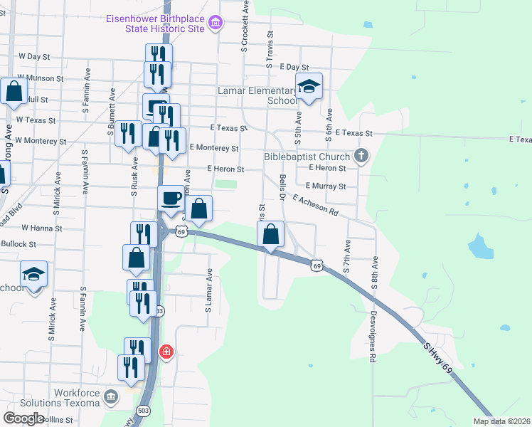 map of restaurants, bars, coffee shops, grocery stores, and more near 1504 South Travis Avenue in Denison