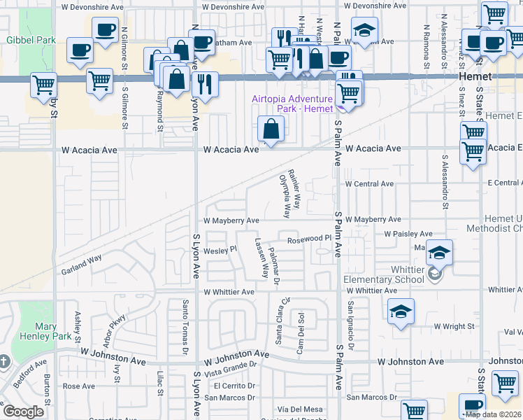 map of restaurants, bars, coffee shops, grocery stores, and more near 451 Palomar Drive in Hemet