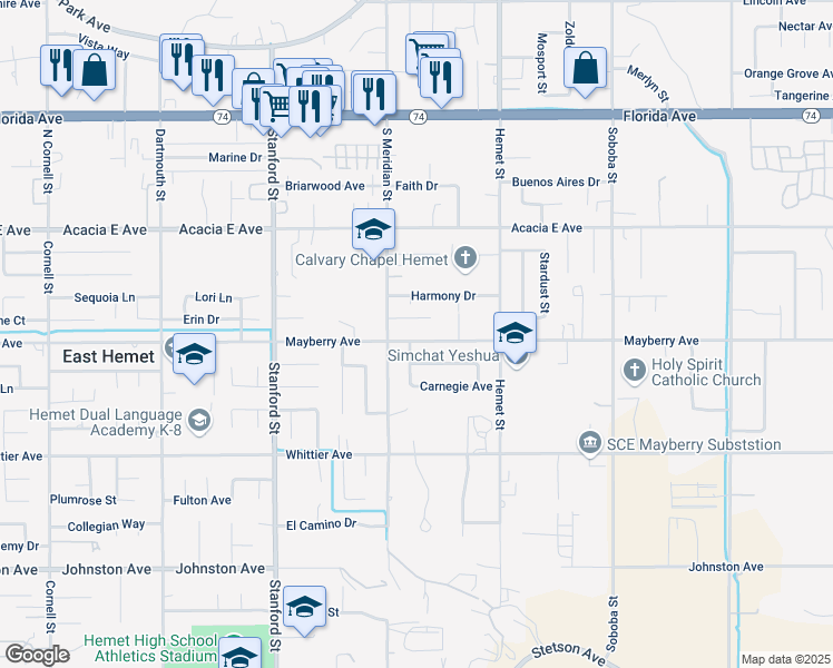 map of restaurants, bars, coffee shops, grocery stores, and more near 42050 Mayberry Avenue in Hemet