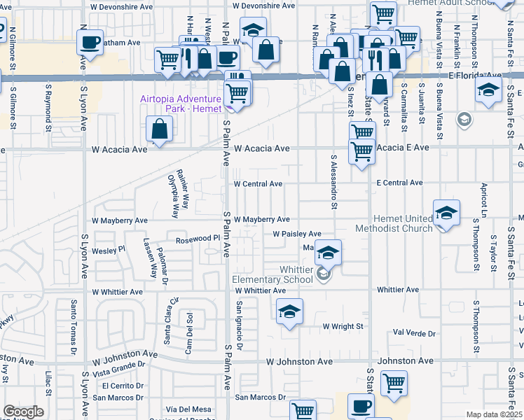 map of restaurants, bars, coffee shops, grocery stores, and more near 470 South Tahquitz Avenue in Hemet