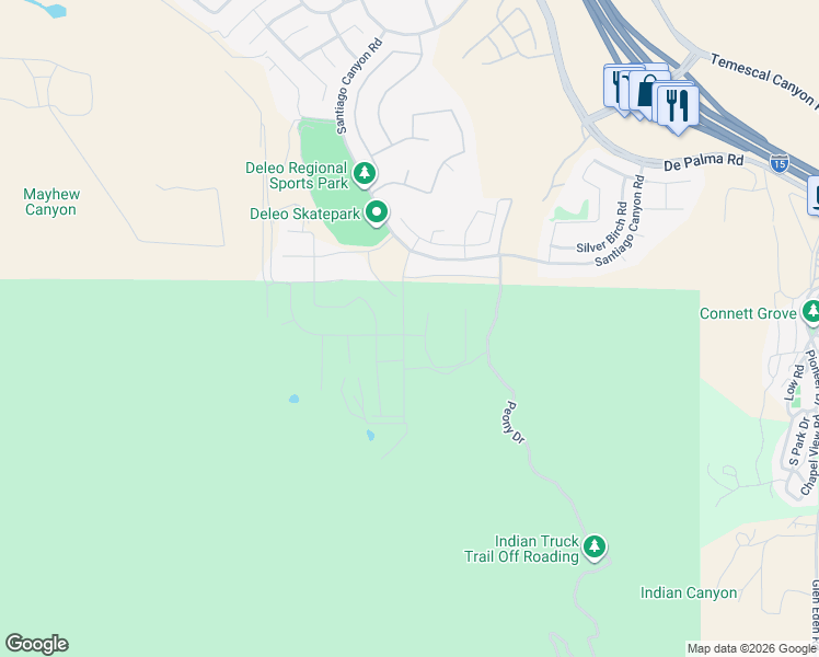 map of restaurants, bars, coffee shops, grocery stores, and more near 26248 Towhee Lane in Corona