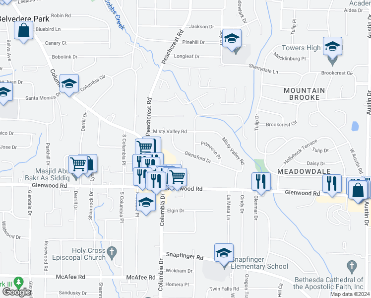 map of restaurants, bars, coffee shops, grocery stores, and more near 3426 Glensford Drive in Decatur