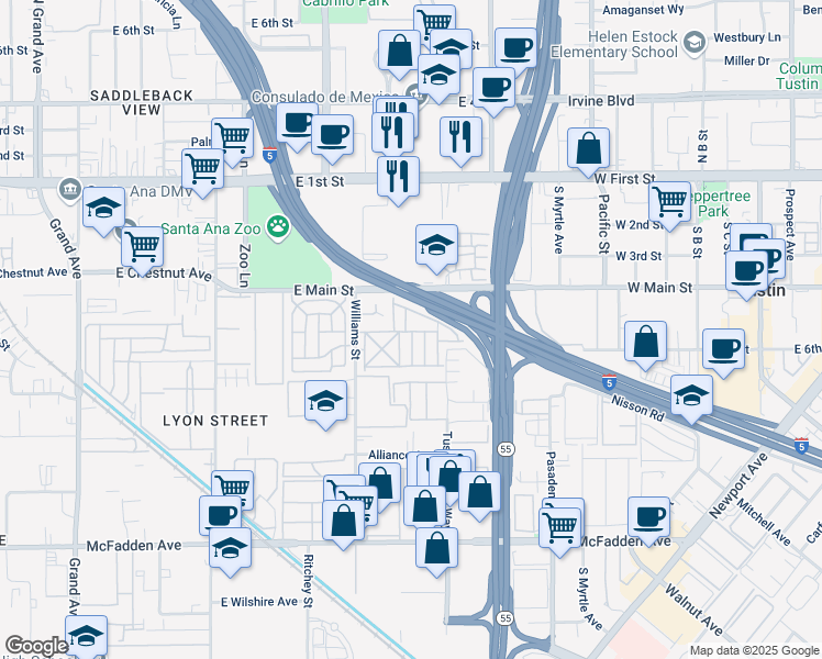 map of restaurants, bars, coffee shops, grocery stores, and more near 121 Portola Lane in Tustin