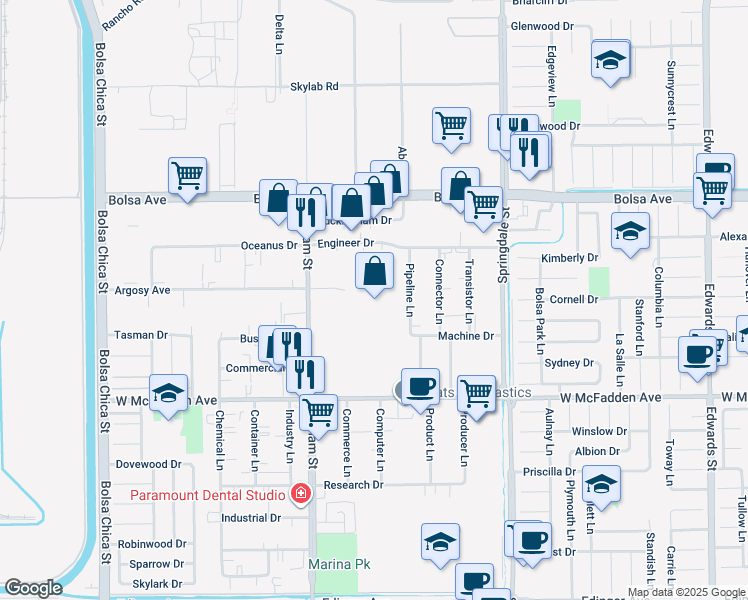 map of restaurants, bars, coffee shops, grocery stores, and more near 5600 Argosy Ave in Huntington Beach