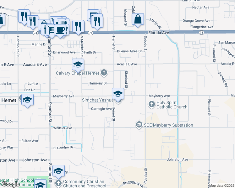 map of restaurants, bars, coffee shops, grocery stores, and more near 42274 Mayberry Avenue in Hemet