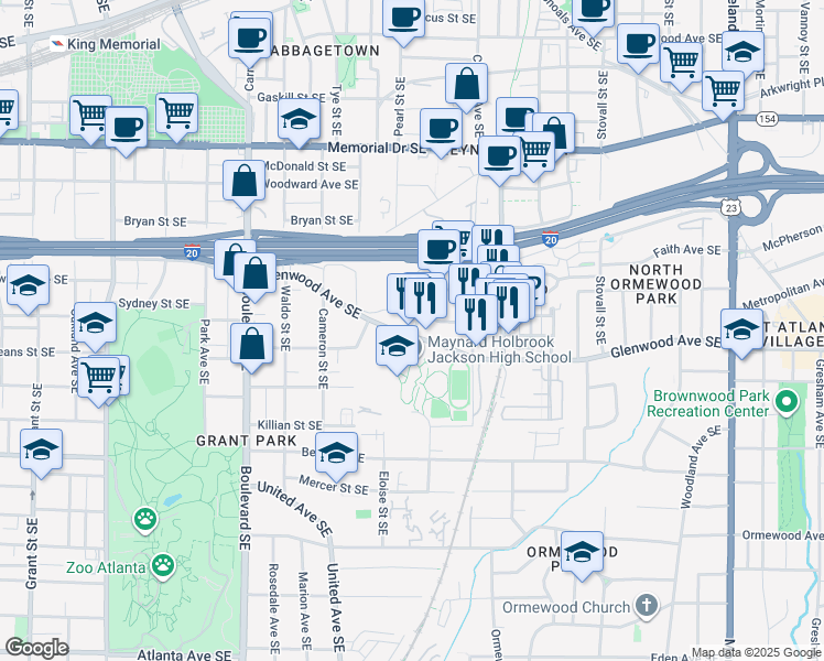 map of restaurants, bars, coffee shops, grocery stores, and more near 780 Glenwood Avenue Southeast in Atlanta