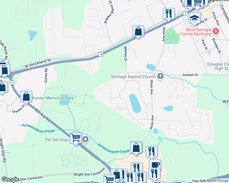 map of restaurants, bars, coffee shops, grocery stores, and more near 7104 Secret Rose in Douglasville