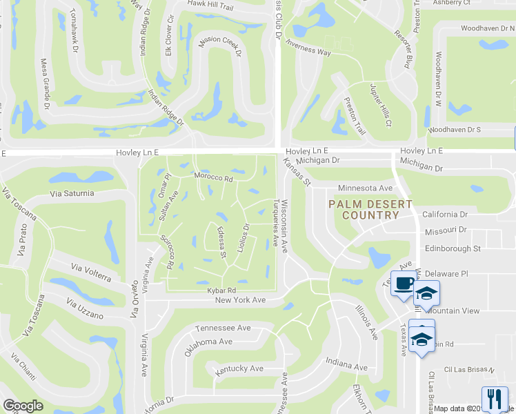 map of restaurants, bars, coffee shops, grocery stores, and more near 76926 Ascalon Avenue in Palm Desert
