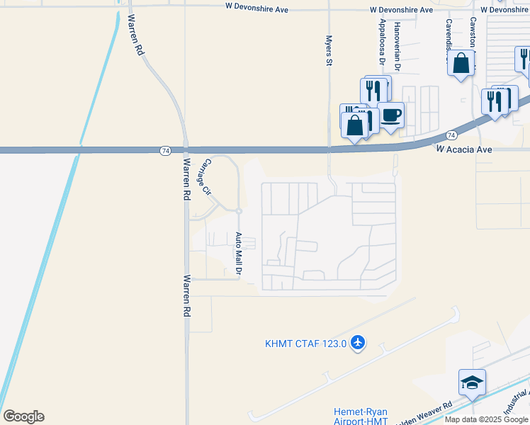 map of restaurants, bars, coffee shops, grocery stores, and more near 5001 West Florida Avenue in Hemet