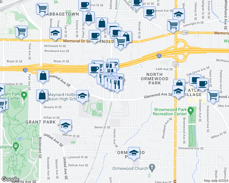 map of restaurants, bars, coffee shops, grocery stores, and more near 924 Garrett Street in Atlanta