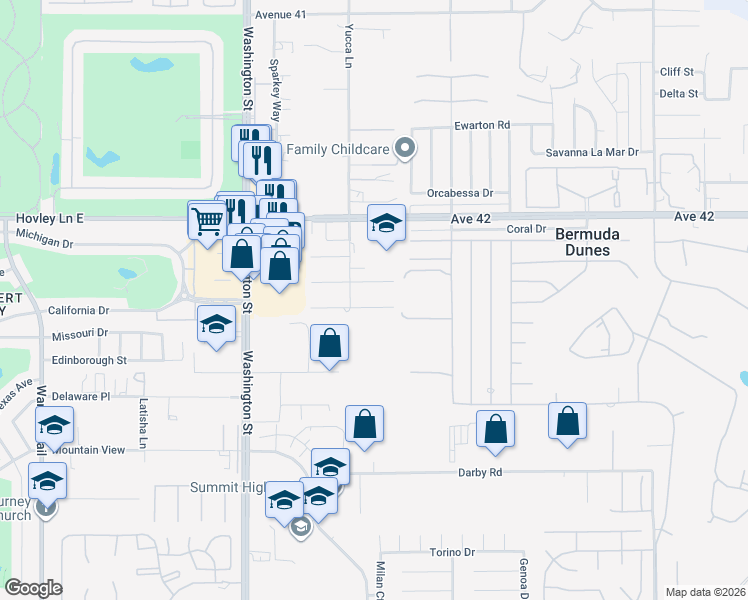 map of restaurants, bars, coffee shops, grocery stores, and more near 78337 Desert Mountain Circle in Bermuda Dunes