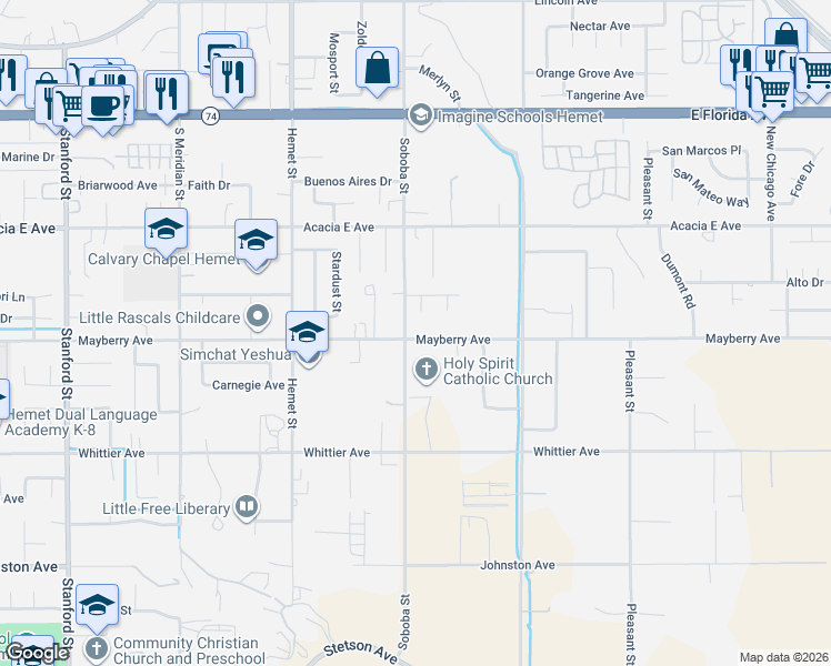 map of restaurants, bars, coffee shops, grocery stores, and more near 42510 Mayberry Avenue in Hemet