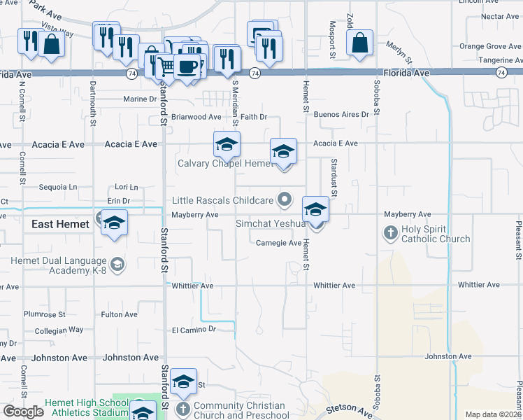 map of restaurants, bars, coffee shops, grocery stores, and more near 42080 Mayberry Avenue in Hemet