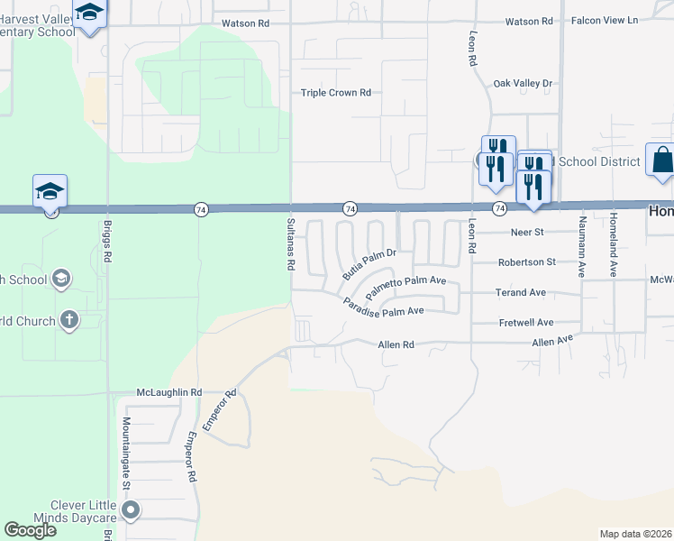 map of restaurants, bars, coffee shops, grocery stores, and more near 26175 Butterfly Palm Drive in Homeland