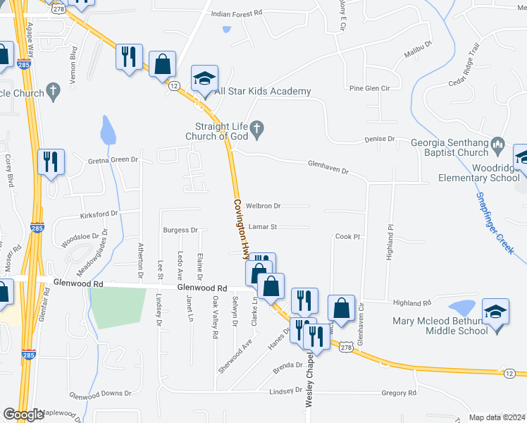 map of restaurants, bars, coffee shops, grocery stores, and more near 4223 Welbron Drive in Decatur