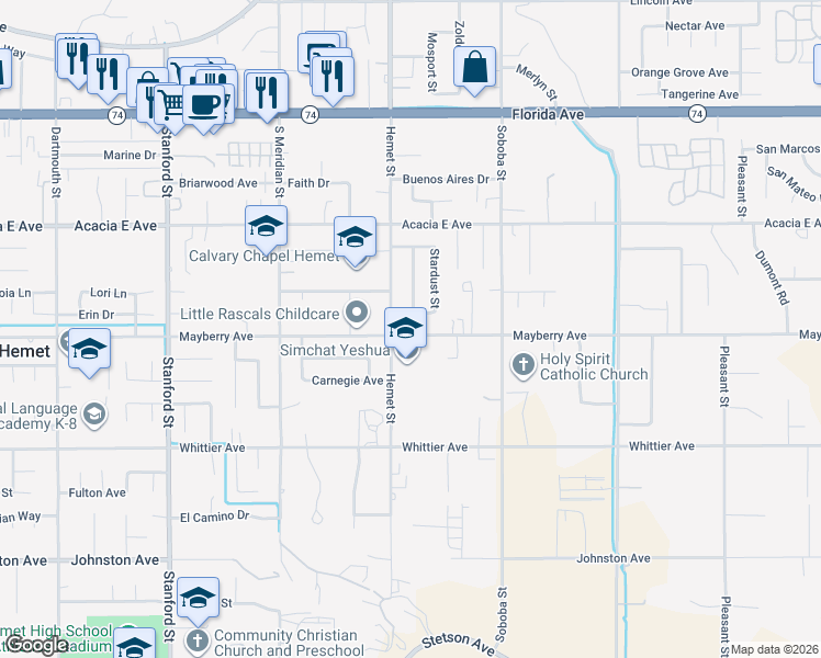 map of restaurants, bars, coffee shops, grocery stores, and more near 42290 Mayberry Avenue in Hemet