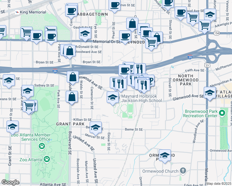 map of restaurants, bars, coffee shops, grocery stores, and more near 860 Glenwood Avenue Southeast in Atlanta