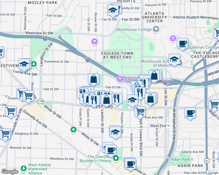 map of restaurants, bars, coffee shops, grocery stores, and more near Oak St SW & Culberson St SW in Atlanta
