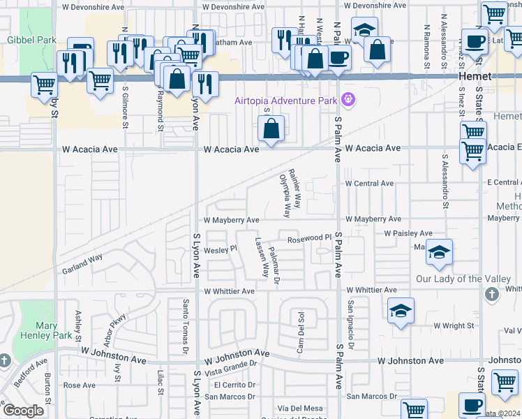 map of restaurants, bars, coffee shops, grocery stores, and more near 451 Palomar Drive in Hemet